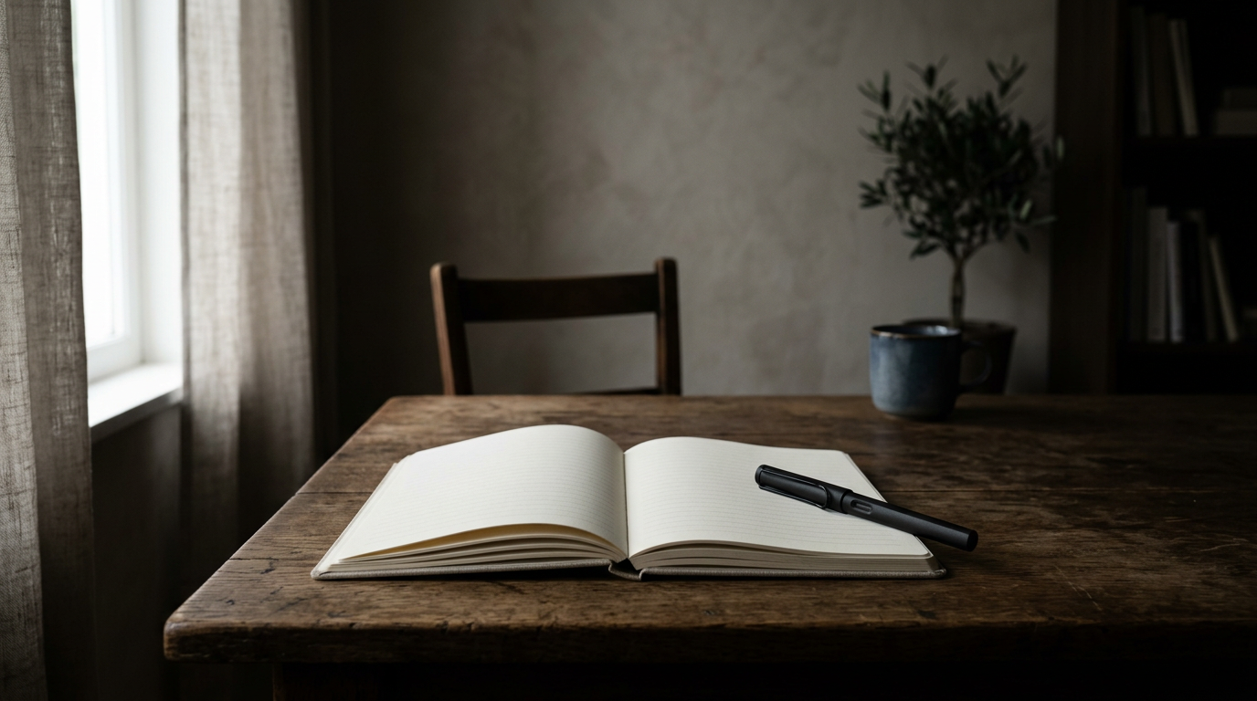 Minimal desk with notebook and pen in soft light