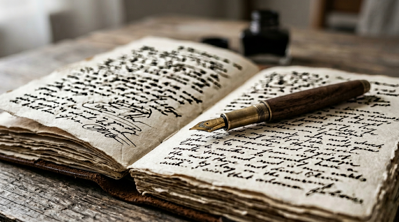 Open journal pages with pen