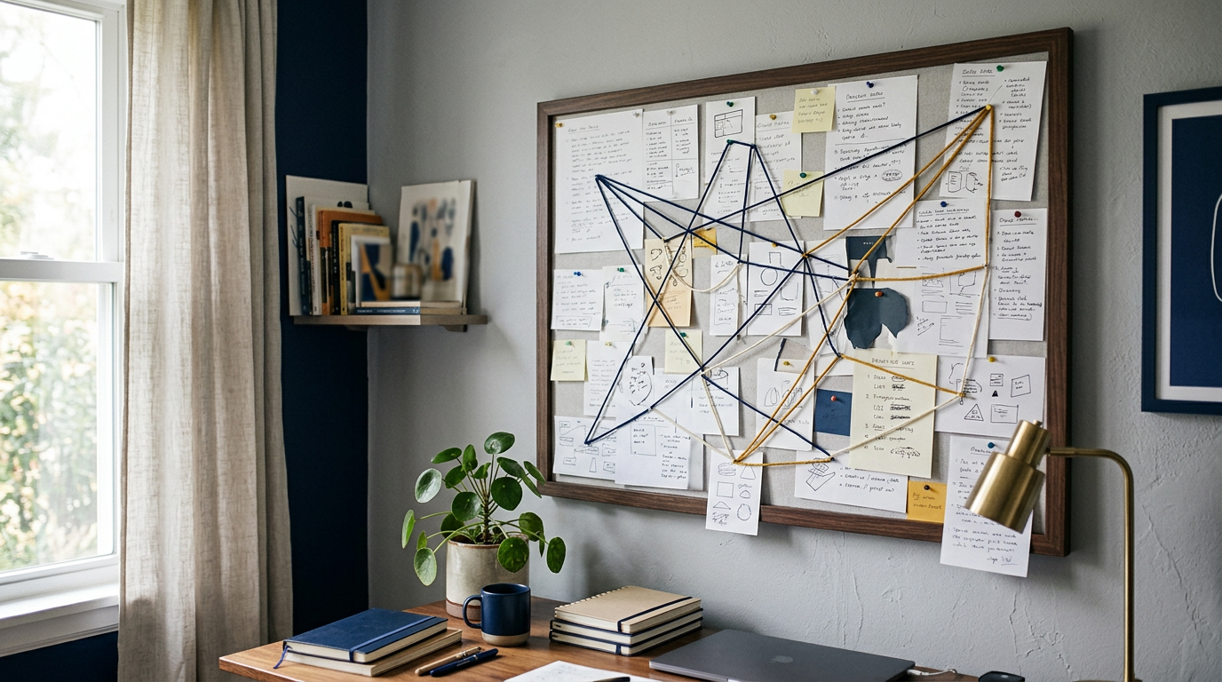 Planning board with notes and string in soft light