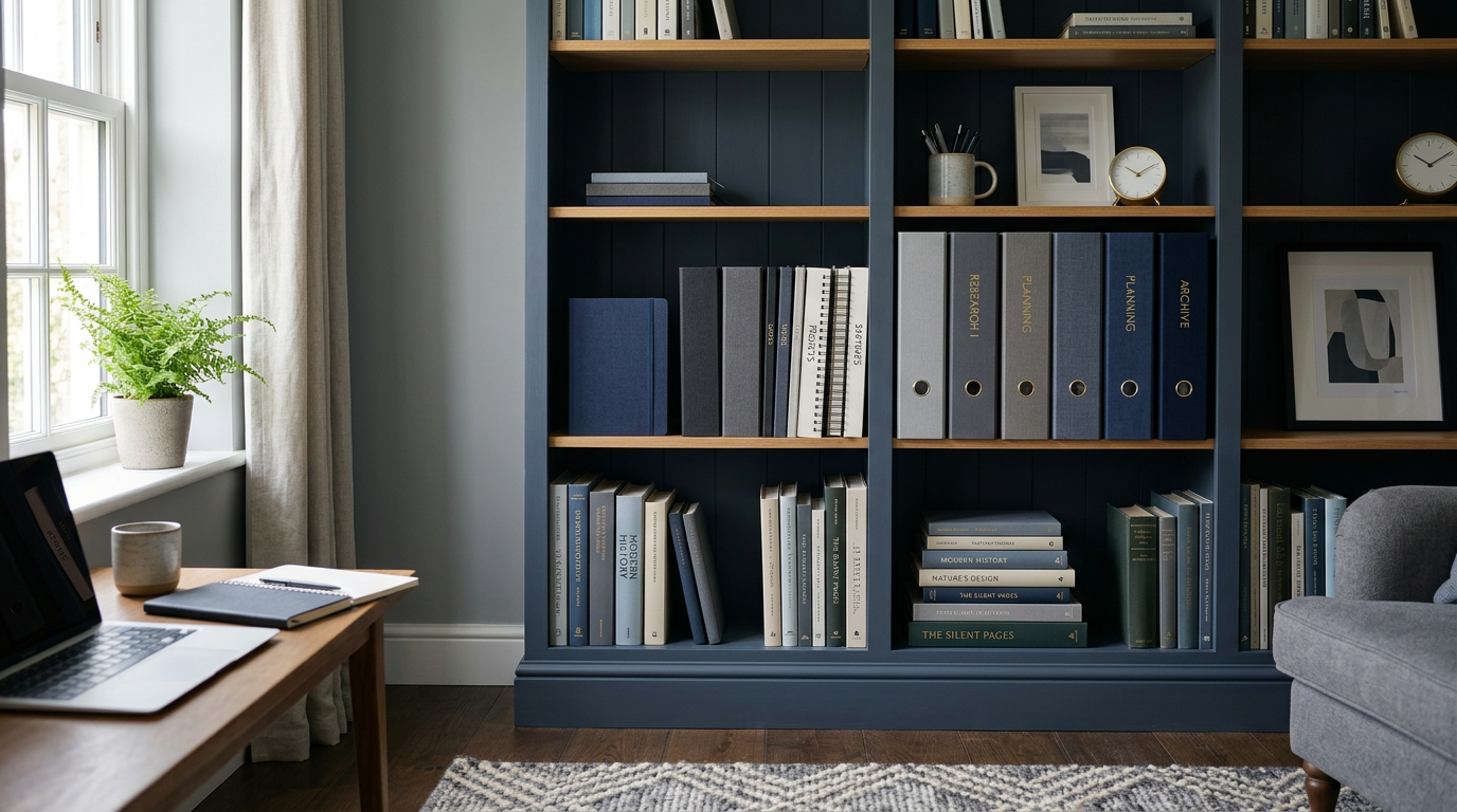 Bookshelf with notebooks in muted light