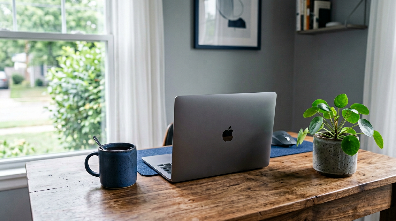 Minimal desk with closed laptop and mug